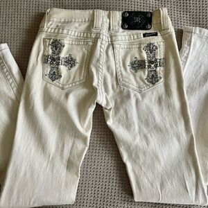 Miss Me Ivory White Jeans with Cross Embroidery